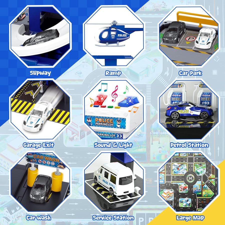 Garage 5 Etages pour Enfants Garage, Ascenseur, Station-Service et Carte, Jouet Garage Voiture avec 8 Voitures et 3 Hélicoptères