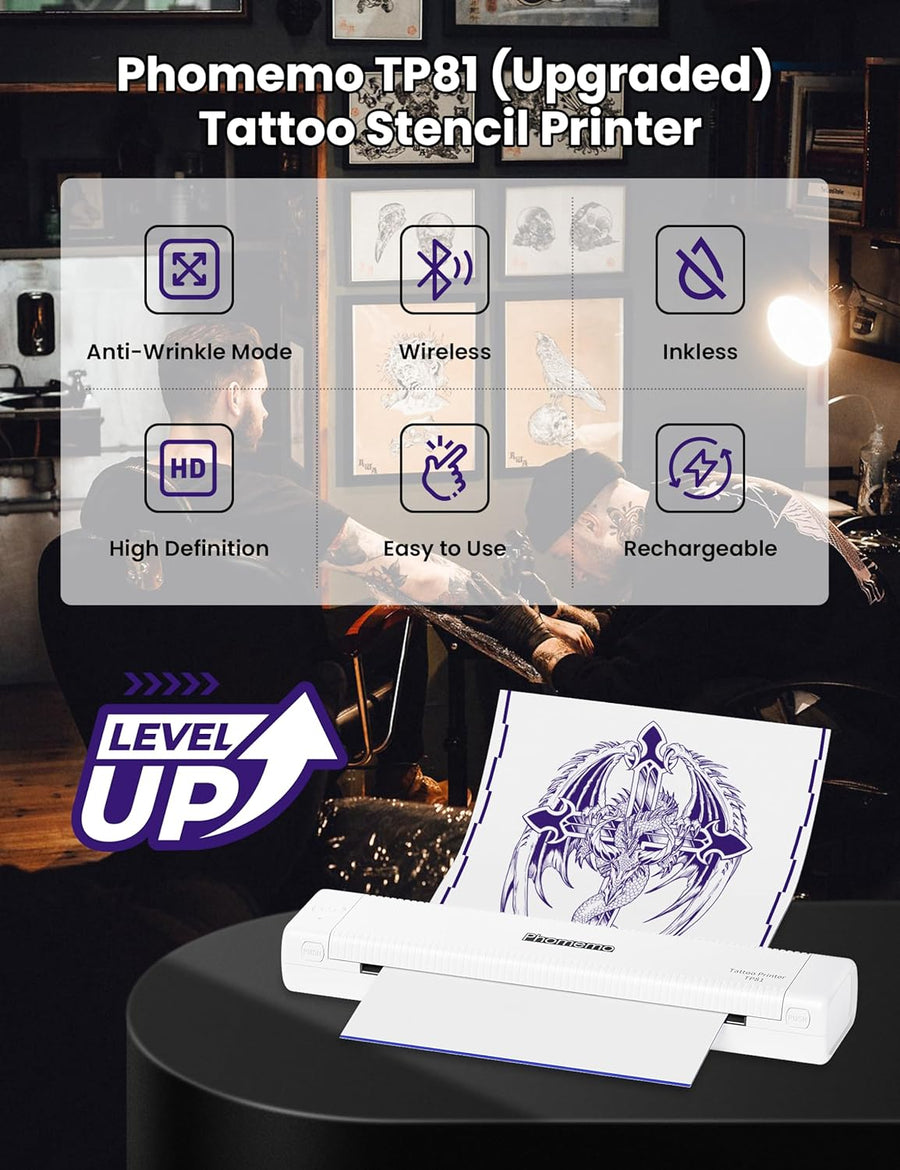 Imprimante Thermique Portable Sans Encre 300 DPI Bluetooth Sans Fil Thermocopieur Tatouage Compatible Android et iOS BLANC