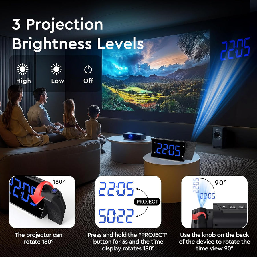 Radio Reveil Projecteur Plafond 180° FM Numérique, Grand Écran LED, Chargeur USB, Double Alarme, 12/24H, Snooze, Horloge Projection Plafond