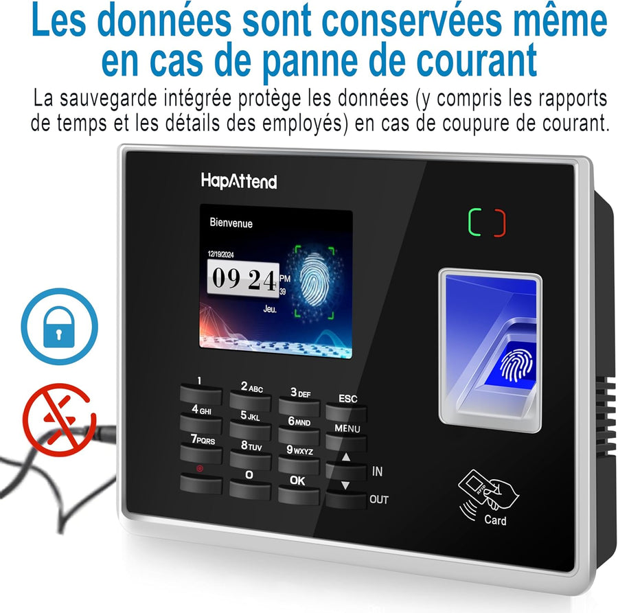 Pointeuse Horaire Personnel Francais Empreinte Digitale Badgeuse Badge Carte Employés Petites Entreprises jusquà 1000 utilisateurs sans WiFi 0 Frais Mensuels Scan