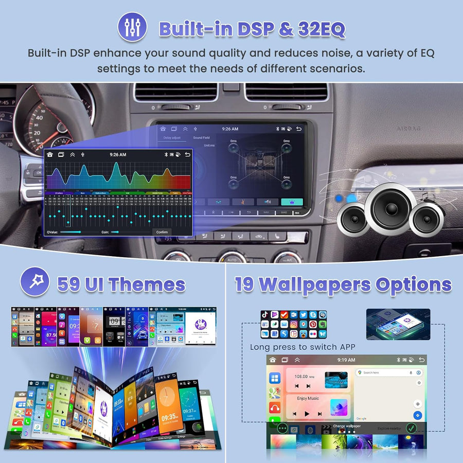 Autoradio 8-Core/4G+64G/DSP Android 15 pour VW Golf 5 Golf 6 Passat Tiguan Polo T5 Transporter Seat Leon avec sans Fil CarPlay Android Auto, 9" écran Tactile avec BT GPS WiFi RDS FM USB+CAM