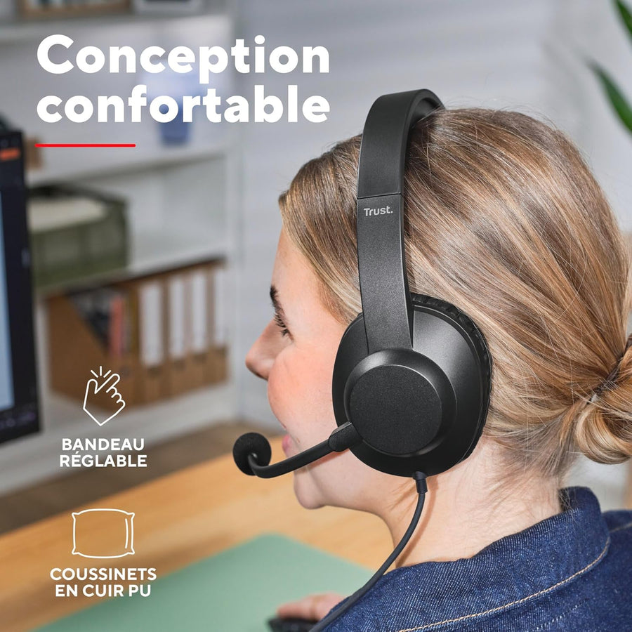 Trust Roha II Max Casque USB avec Micro Over Ear, Câble 1,8 m, 85% Plastiques Recyclés, Casque Audio PC Filaire USB-C pour Ordinateur Portable Bureau Teletravail Chat Zoom Teams NOIR