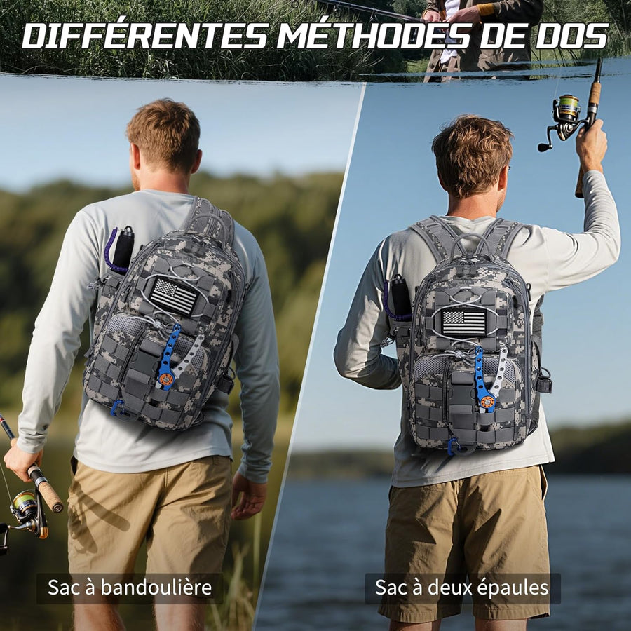 Sac à Dos de Pêche avec Support de Canne à Pêche, Sac de Pêche Portable en Bandoulière, Sac de Pêche Imperméable et Multi-Poches pour Pêche, Randonnée et Voyage