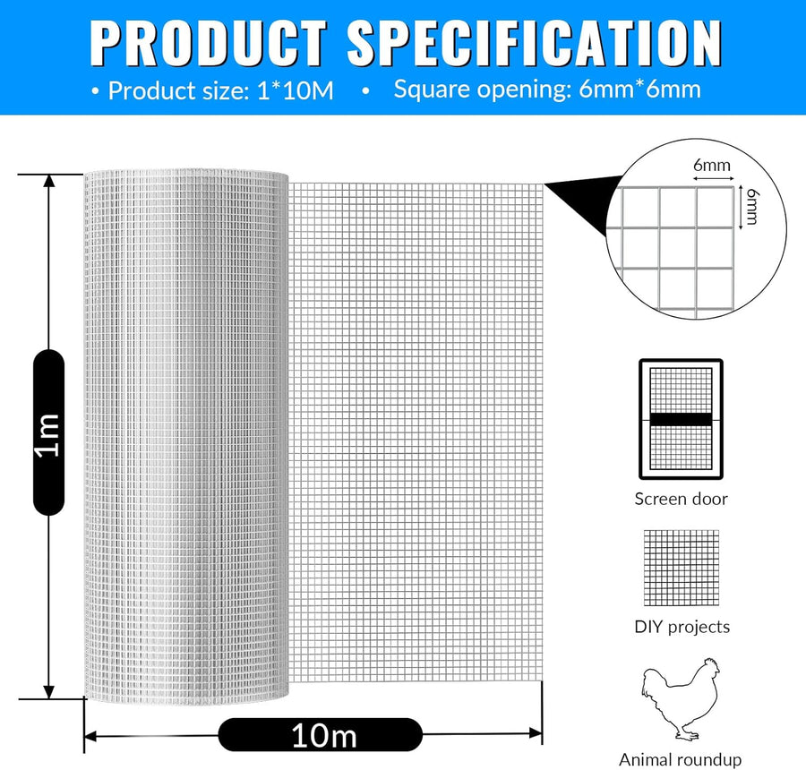 Grillage à Mailles Fines 1 m x 10 m, Grillage pour Volière 6 mm x 6 mm, Rouleau de Grillage Galvanisé, Grillage anti-campagnols, Grillage Métallique pour Lapins, Grillage pour Poules
