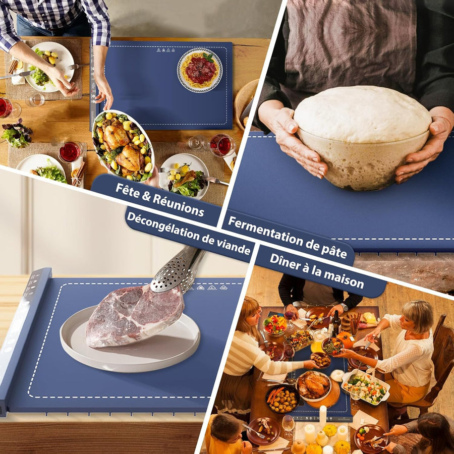 Tapis Chauffant Alimentaire 57x39 cm – Plateau Chauffant en Silicone avec 8 Niveaux de Température, Minuterie, Pliable pour Buffet, Fête, Pique-nique, Camping