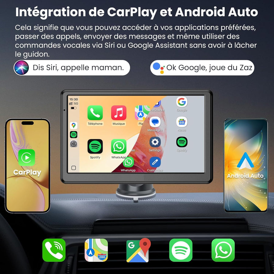 CarPlay Voiture, Portable CarPlay & Android Auto sans Fil, Stéréo de Voiture 7 Pouces Écran Tactile avec Navigation en Temps Réel, Assistant Vocal, FM, Mirror Link, Appels avec Mains Libres