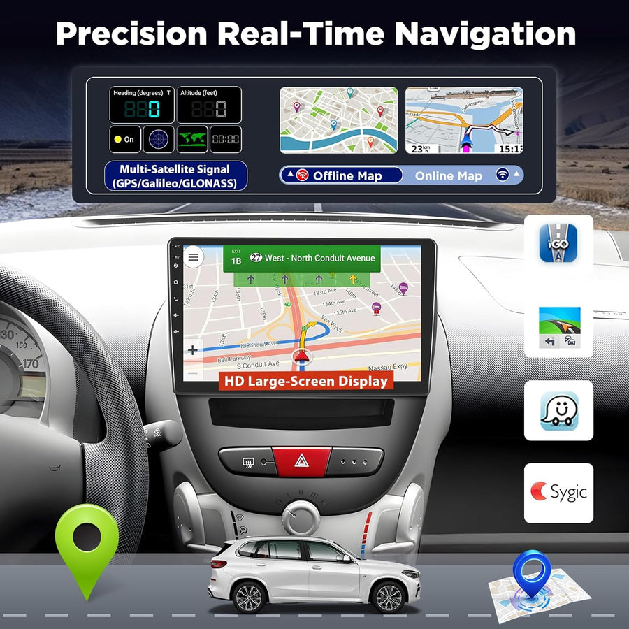 Autoradio Android pour Toyota Aygo/Peugeot 107 / Citroen C1 2005–2014, Écran Tactile 10 Pouces, CarPlay & Android Auto sans Fil, NaviGPS, WiFi, DSP, Compatible Caméra AHD/OBD/Dab