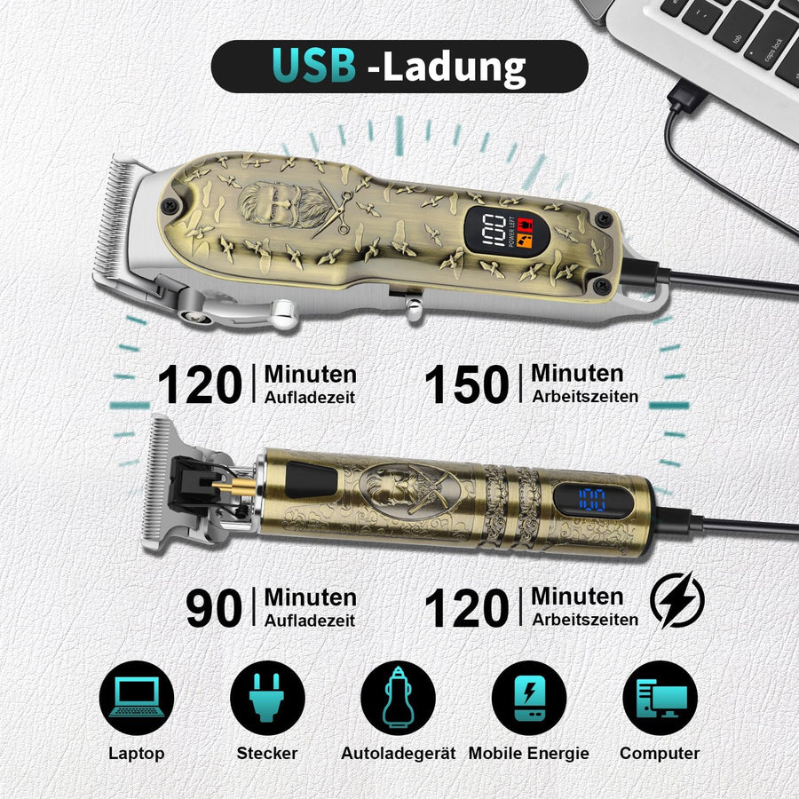 Kit tondeuse à cheveux et tondeuse à barbe, rechargeable par USB, avec 8 peignes guides et écran LED