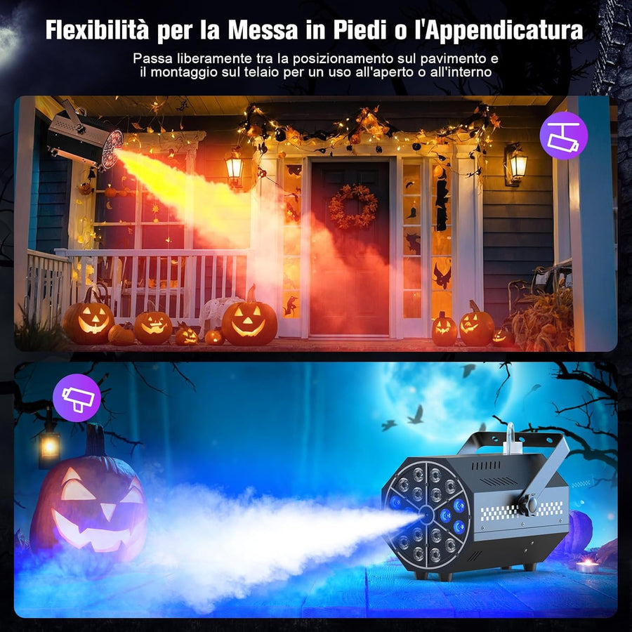 Machine à Brouillard Mini,Machine à Fumée 18 LED RGB,Machine de Fumée 800W avec Fonction de Cycle Automatique et Télécommande sans Fil, Idéal pour Disco, Fêtes, Mariage, Halloween et Noël