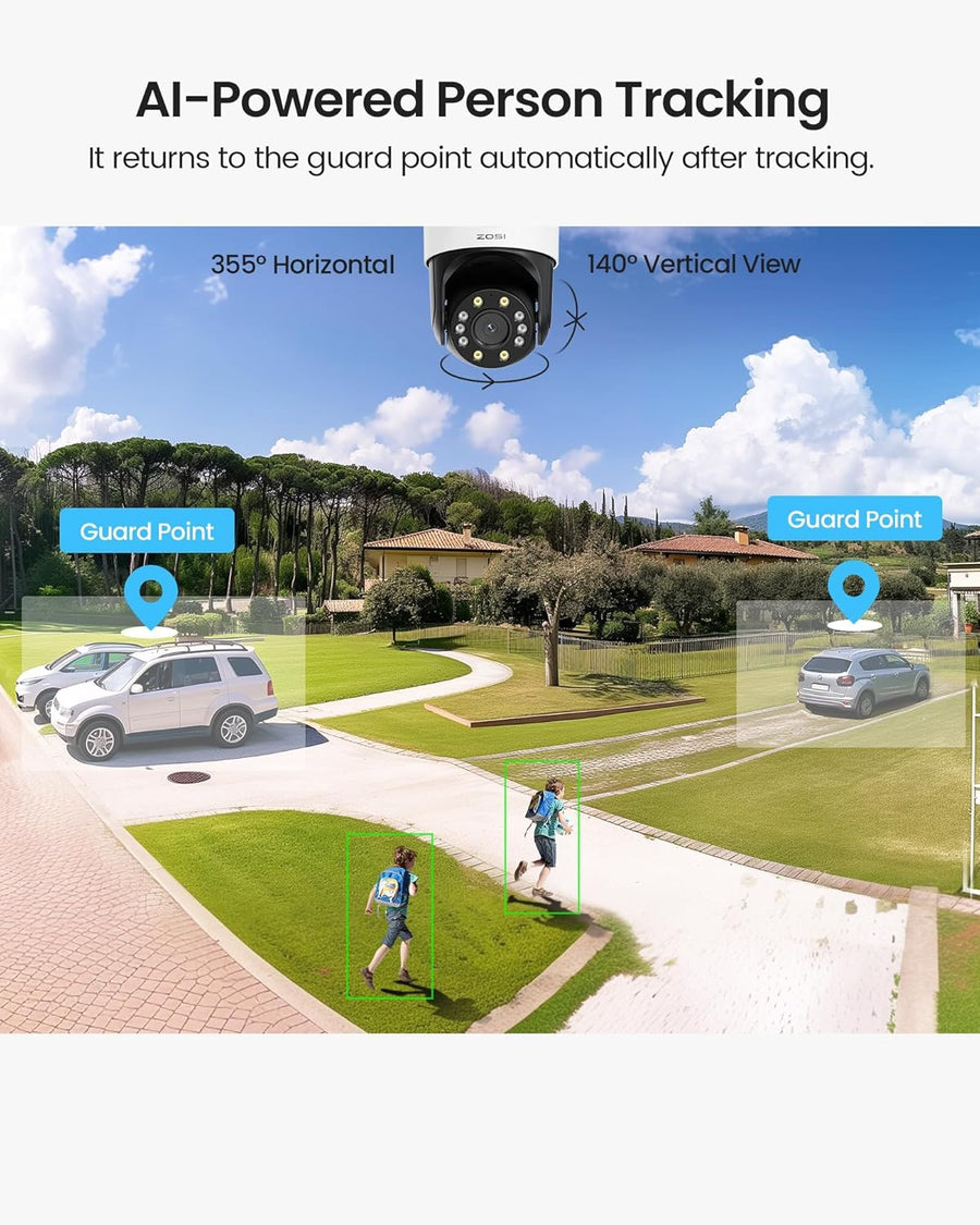 Caméra Surveillance WiFi avec Double Objectif 2MP+2MP, Caméra Motorisée Extérieure, 360° Vue Détection Humaine/Véhicule, Audio Bidirectionnel, Sirène Alarme, Vision Nocturne en Couleur