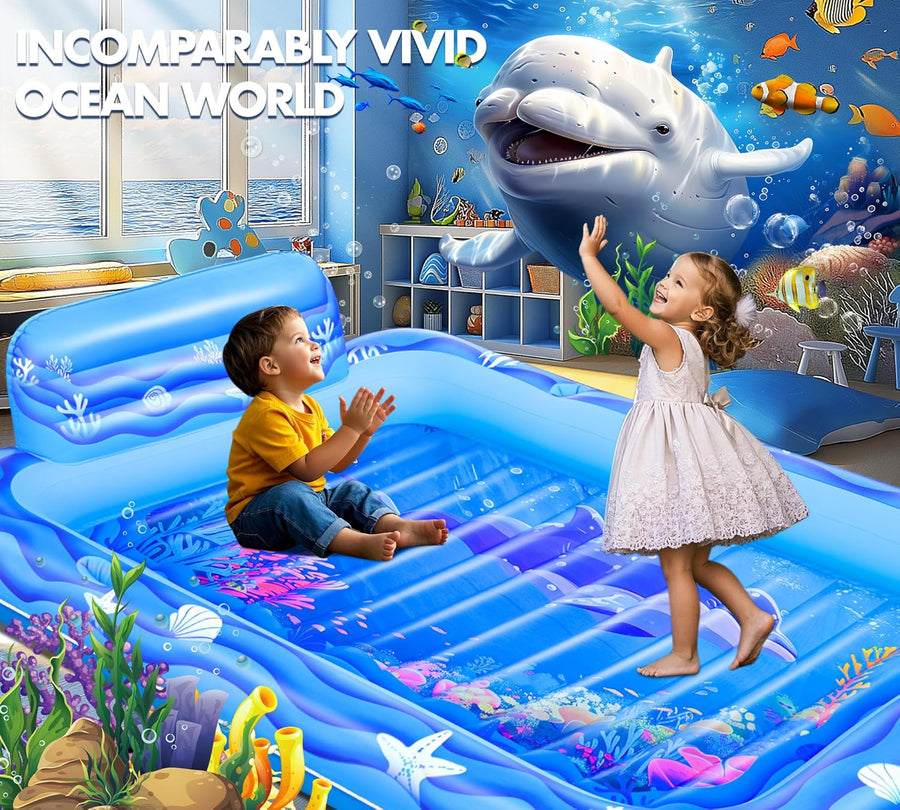 Matelas Gonflable Piscine Bouee Piscine Adulte avec Monde Marin 2 Porte-Gobelets & Dossier, 205x150CM BLEU