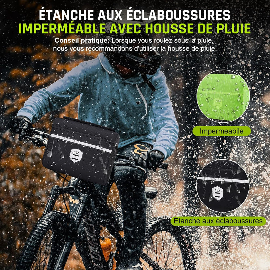 Sacoche Velo Guidon avec Adaptateur pour vélo et e-Bike, 6L Panier Velo Avant Etanche Accessoire Support Telephone trotinette Electrique Porte Scooter Pochette Sac VTT
