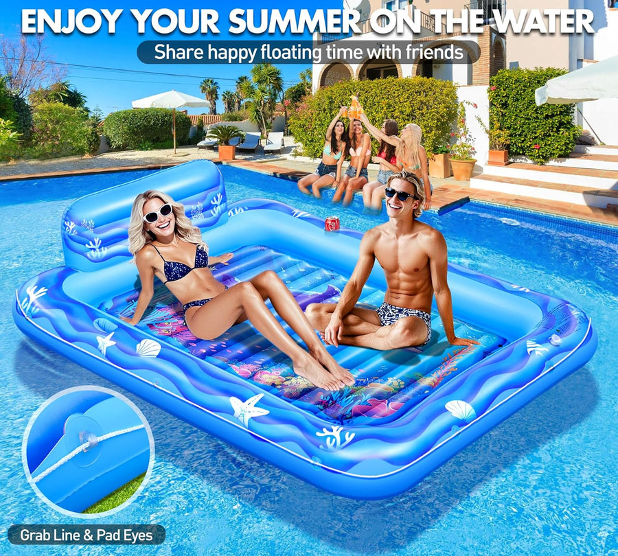 Matelas Gonflable Piscine Bouee Piscine Adulte avec Monde Marin 2 Porte-Gobelets & Dossier, 205x150CM BLEU