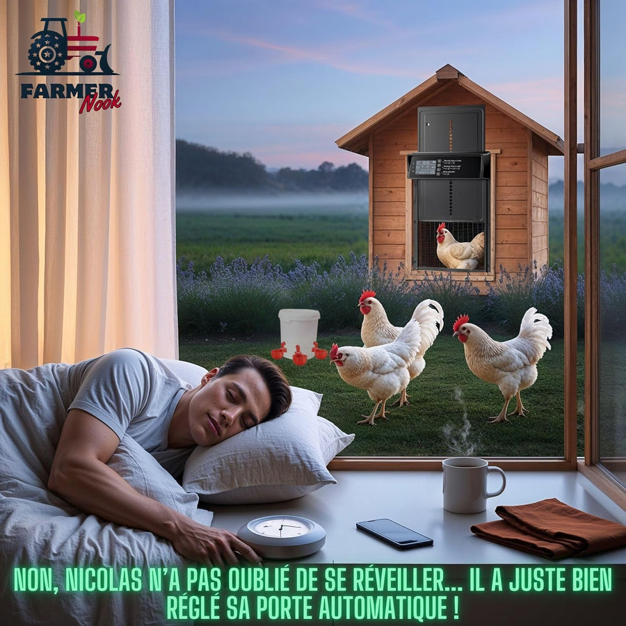 Porte Automatique Poulailler, Écran LED et Sécurité Anti-Écrasement, 3 abreuvoirs, Charge USB et Secteur, Capteur de Lumière et Minuterie, Porte Poulailler Automatique Solaire Panneau 7W en Alu