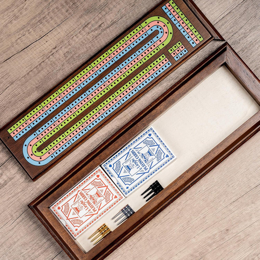 Jeu de cribbage haut de gamme en bois de 40 cm avec 9 pions métalliques, plateau à 3 pistes continues, 2 jeux de cartes et grand rangement, jeu de cribbage classique portable pour les voyages