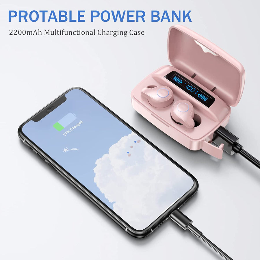 Ecouteurs sans Fil Bluetooth 5.0 Contrôle Tactile et boîtier de Charge IPX7 Étanche Rose