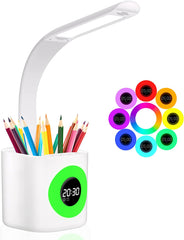 Lampe de Bureau LED 10W Veilleuse Chargement USB Porte-Stylo Reveil Lampe de Chevet RGB