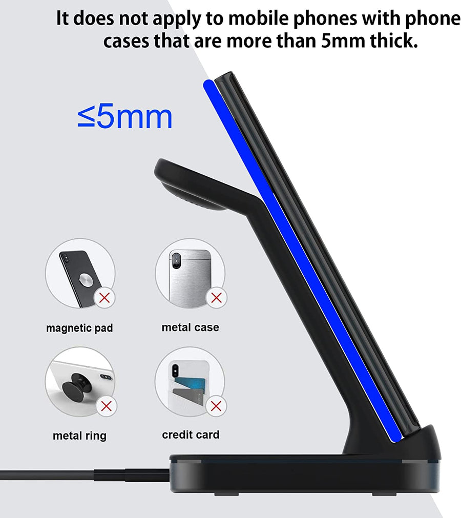 Station de Charge Rapide Sans Fil 3 en 1 Compatible avec derniers smartphones NOIR