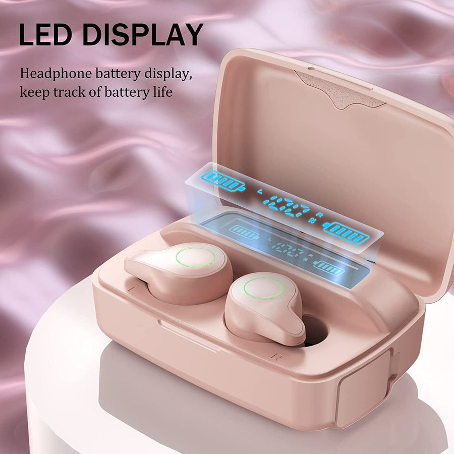 Ecouteurs sans Fil Bluetooth 5.0 Contrôle Tactile et boîtier de Charge IPX7 Étanche Rose