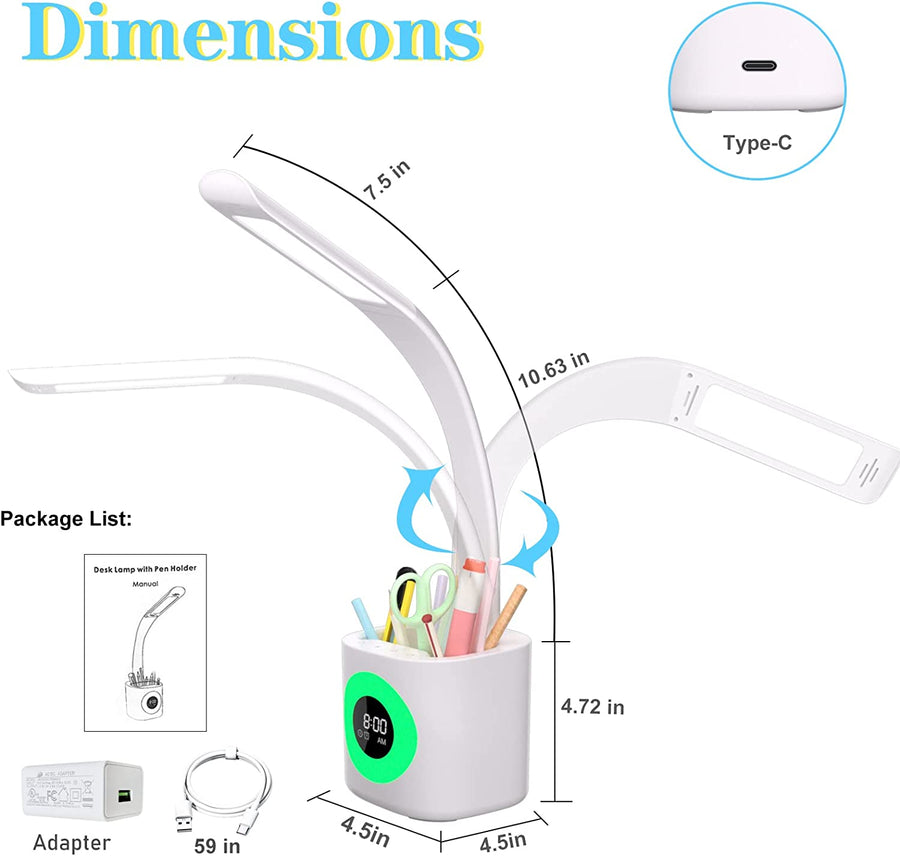 Lampe de Bureau LED 10W Veilleuse Chargement USB Porte-Stylo Reveil Lampe de Chevet RGB