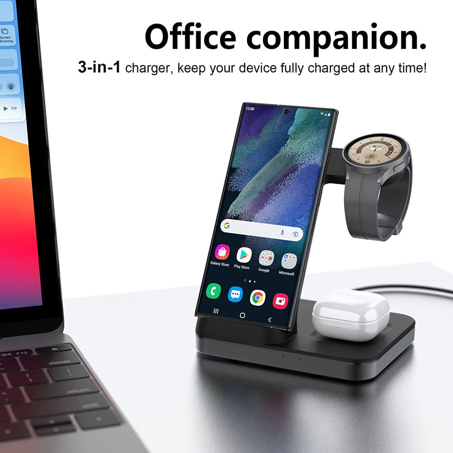 Station de Charge Rapide Sans Fil 3 en 1 Compatible avec derniers smartphones NOIR