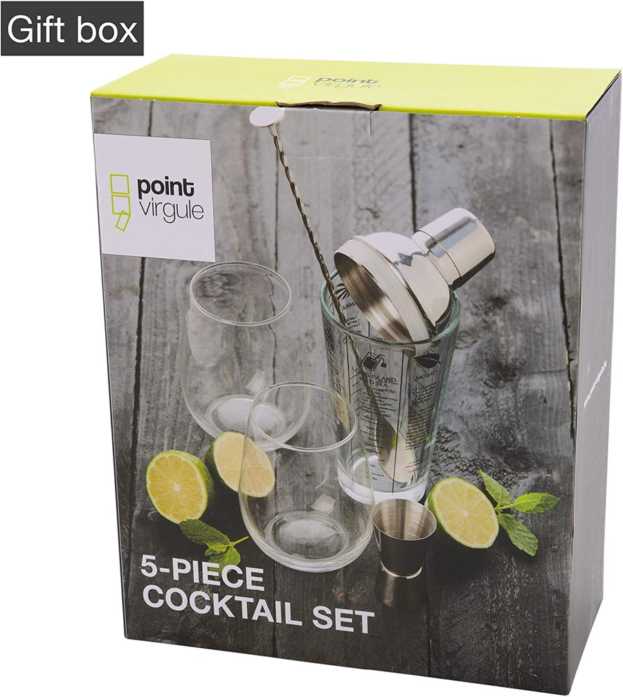 Kit Cocktail Complet 5 pcs Doseur Cuillère Shaker Boston 2 Verres Cadeau Fete