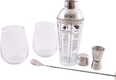 Kit Cocktail Complet 5 pcs Doseur Cuillère Shaker Boston 2 Verres Cadeau Fete