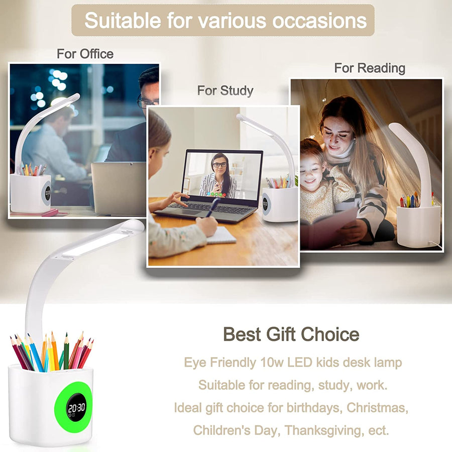 Lampe de Bureau LED 10W Veilleuse Chargement USB Porte-Stylo Reveil Lampe de Chevet RGB