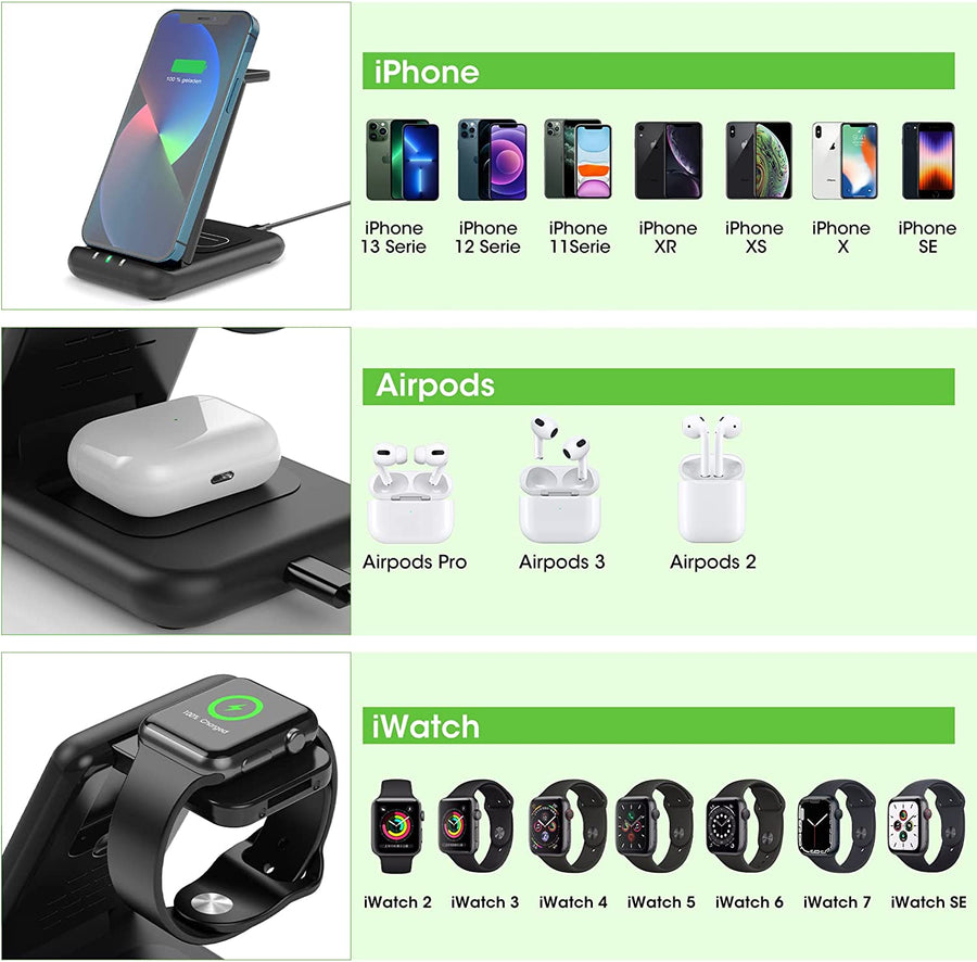 Chargeur sans Fil 3 en 1 - Station de Charge inductive Qi Compatible iPhone iWatch AirPods