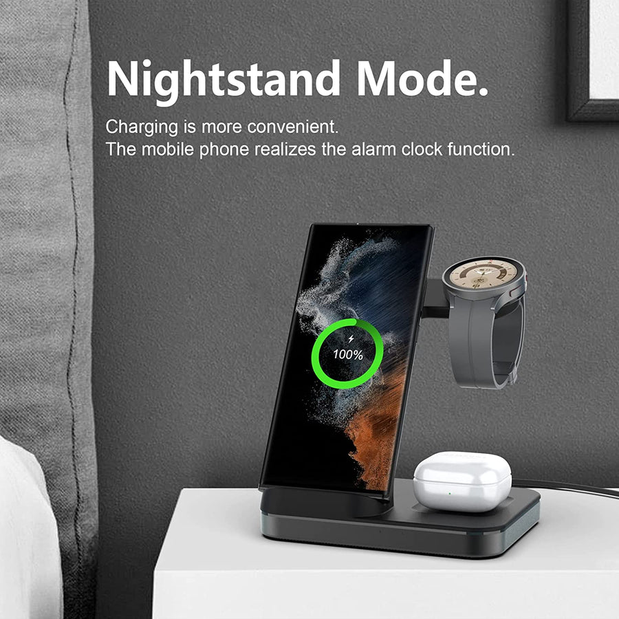 Station de Charge Rapide Sans Fil 3 en 1 Compatible avec derniers smartphones NOIR