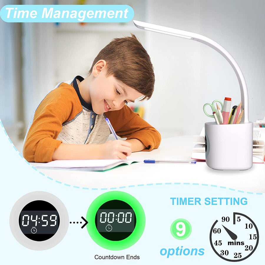 Lampe de Bureau LED 10W Veilleuse Chargement USB Porte-Stylo Reveil Lampe de Chevet RGB