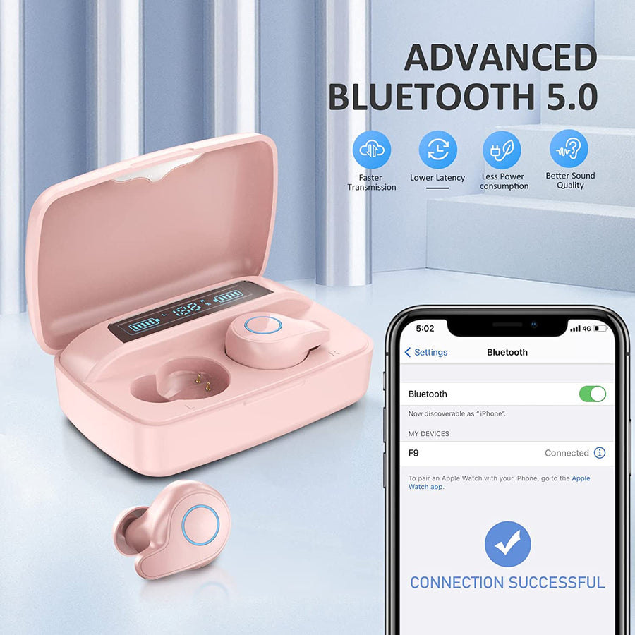 Ecouteurs sans Fil Bluetooth 5.0 Contrôle Tactile et boîtier de Charge IPX7 Étanche Rose