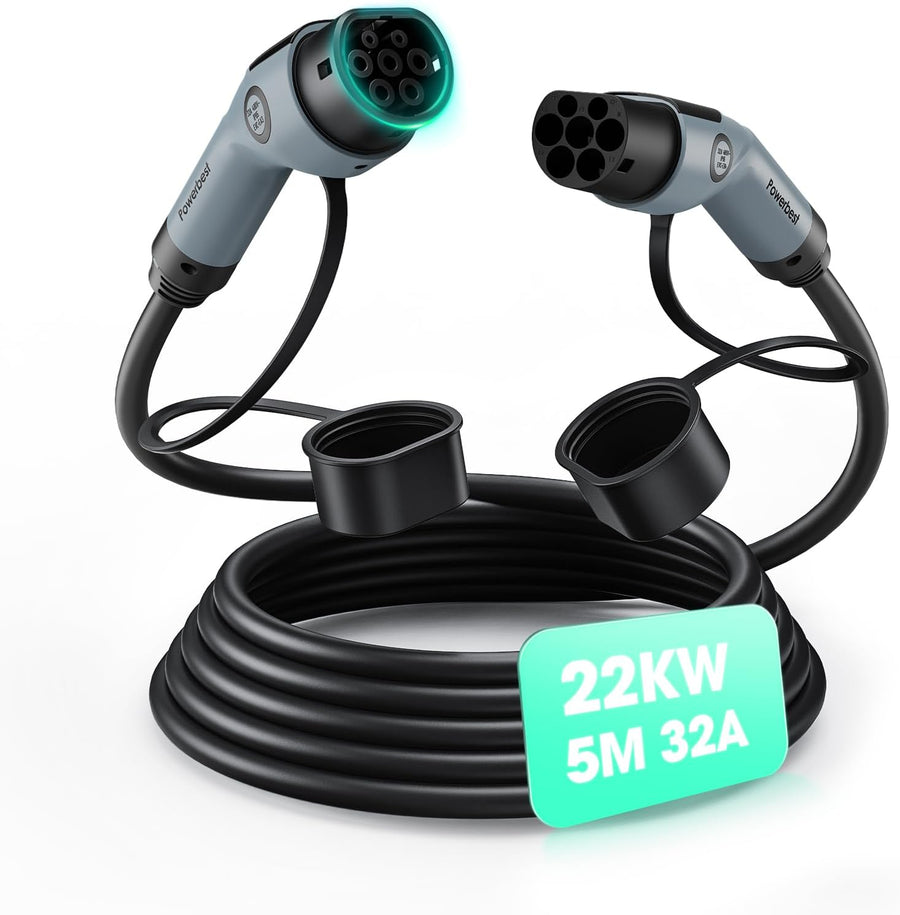 Câble de Charge Type 2, 22KW 5M 32A Voiture Électrique Triphasé Type 2 à Type 2 EV/PHEV
