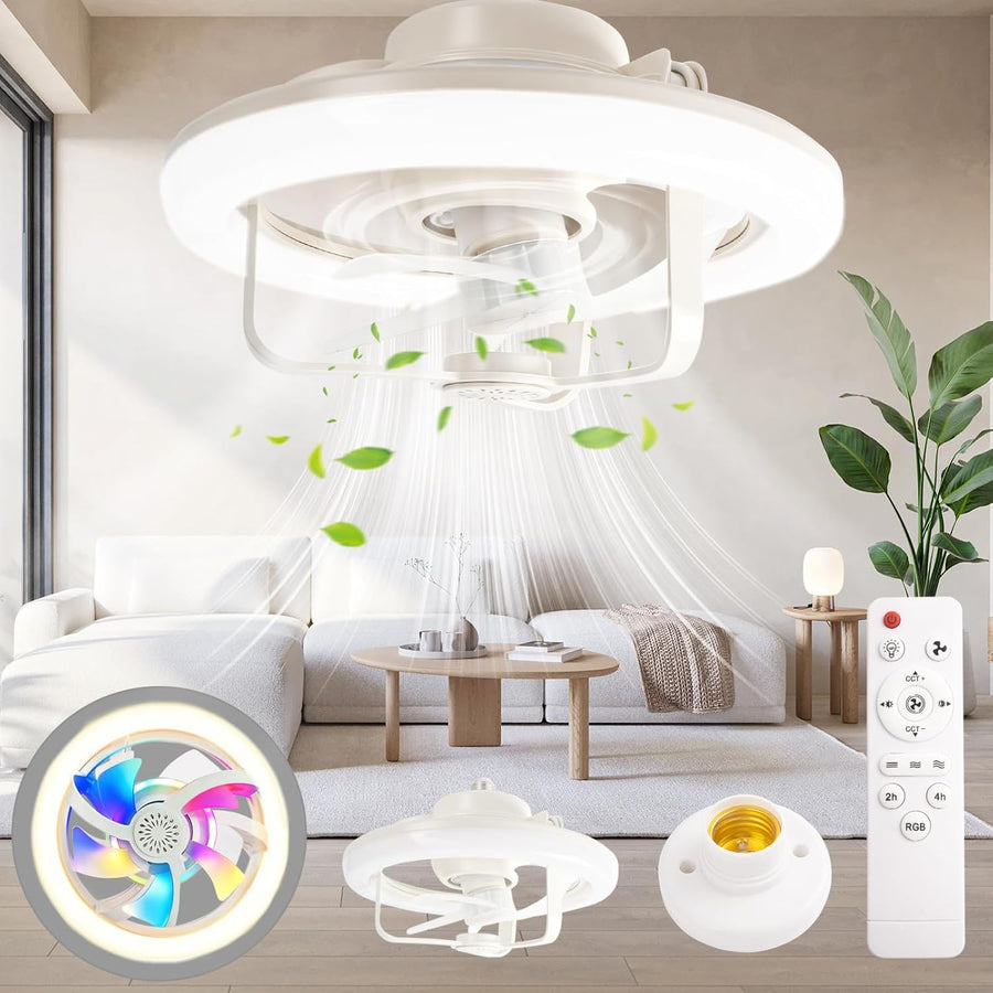 Ventilateur de Plafond avec Lumière et Telecommande, RGB 16 Couleurs Lampe Ventilateurs Plafond avec Douille E27, 28CM Petit Silencieux Plafonnier Ventilateur LED pour Chambre, 3 Vitesses