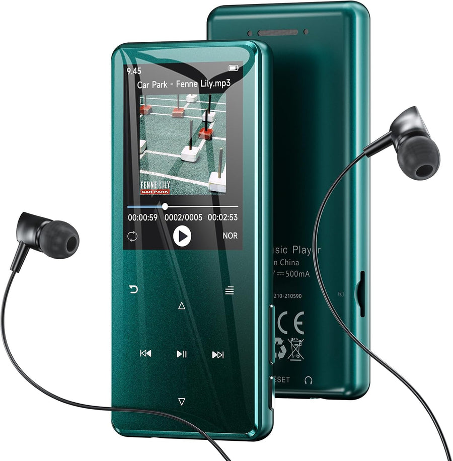 Lecteur MP3 Bluetooth 5.3 64Go écran 2,4" Touches tactiles Haut-Parleur Boîtier en métal, 45 h d'autonomie, 18 sons relaxants, radio FM, extensible jusqu'à 128Go