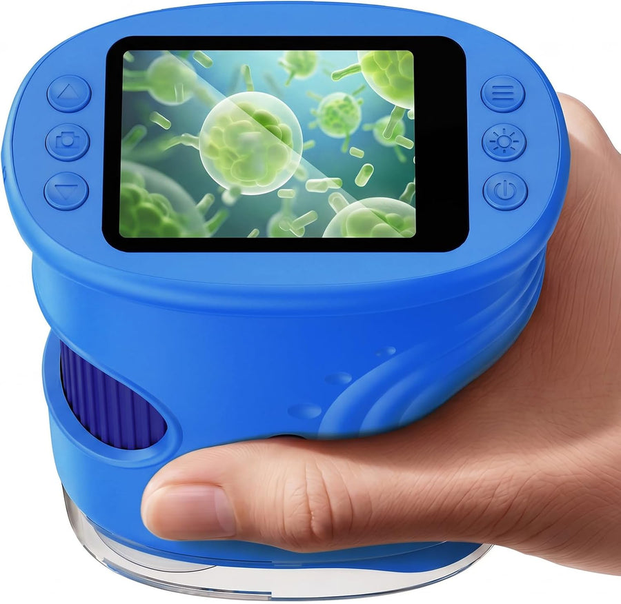 Microscope Enfant Portable 1000X – Microscope Numérique avec Écran IPS 2 Pouces et 8 LED, Fonction Photo & Vidéo, Jouet Scientifique BLEU