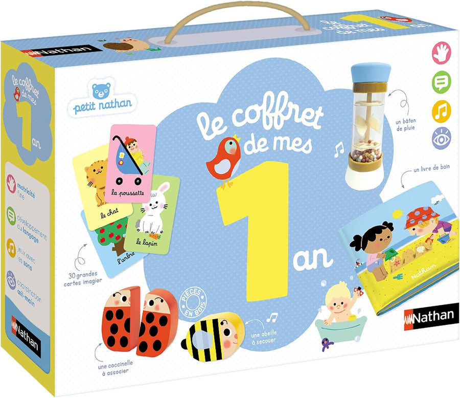 Nathan Petit Le Coffret de Mes 1 an - Jouet Bébé 1 an - Cadeau 12 Mois Coffret d'Éveil Sensoriel 4 en 1 - Livre de Bain - Bâton de Pluie, Cartes Imagier - Hochets en bois - Cadeau Garçon, Fille