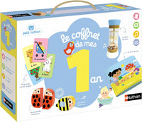 Nathan Petit Le Coffret de Mes 1 an - Jouet Bébé 1 an - Cadeau 12 Mois Coffret d'Éveil Sensoriel 4 en 1 - Livre de Bain - Bâton de Pluie, Cartes Imagier - Hochets en bois - Cadeau Garçon, Fille