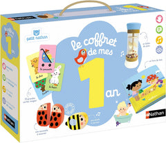Nathan Petit Le Coffret de Mes 1 an - Jouet Bébé 1 an - Cadeau 12 Mois Coffret d'Éveil Sensoriel 4 en 1 - Livre de Bain - Bâton de Pluie, Cartes Imagier - Hochets en bois - Cadeau Garçon, Fille