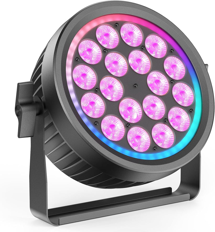 Projecteur LED DMX, 18x10W RGBW Silencieux Lumiere de Scene avec Anneau RGB, Jeux de Lumiere Eclairage avec Son Activé et Stroboscope, Lampe Disco pour Soiree