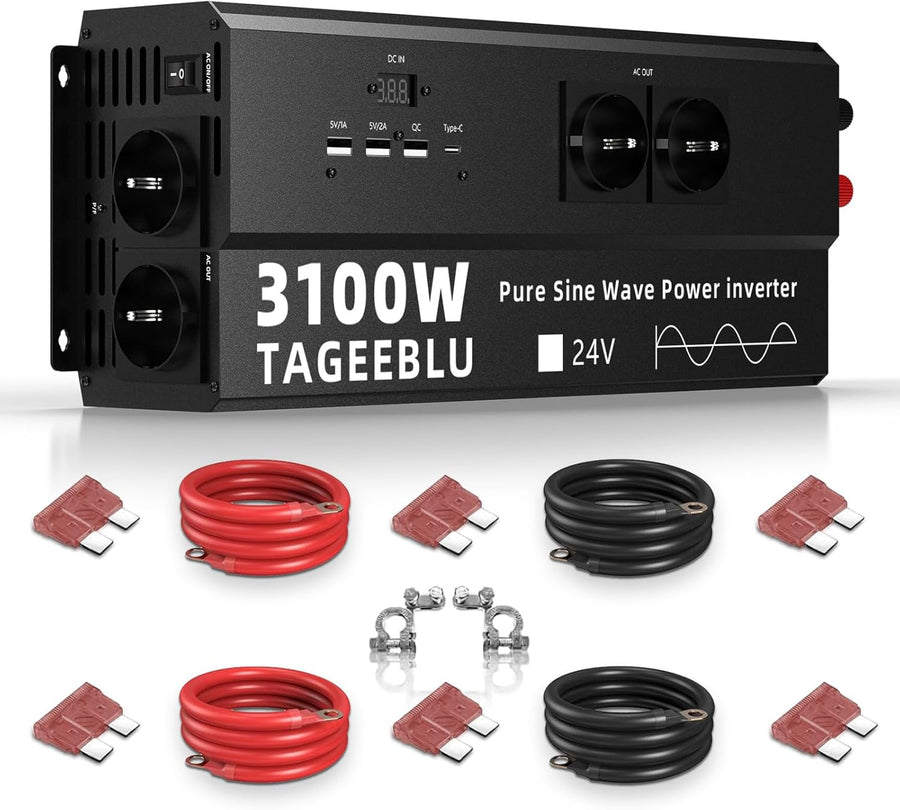 3100W Pur Sinus convertisseur 24v 220v Camion, transformateur 24v 220v, convertisseur pour véhicules avec Clip Alligator, 4 Prises UE et écran LCD