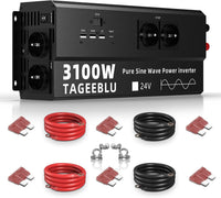 3100W Pur Sinus convertisseur 24v 220v Camion, transformateur 24v 220v, convertisseur pour véhicules avec Clip Alligator, 4 Prises UE et écran LCD