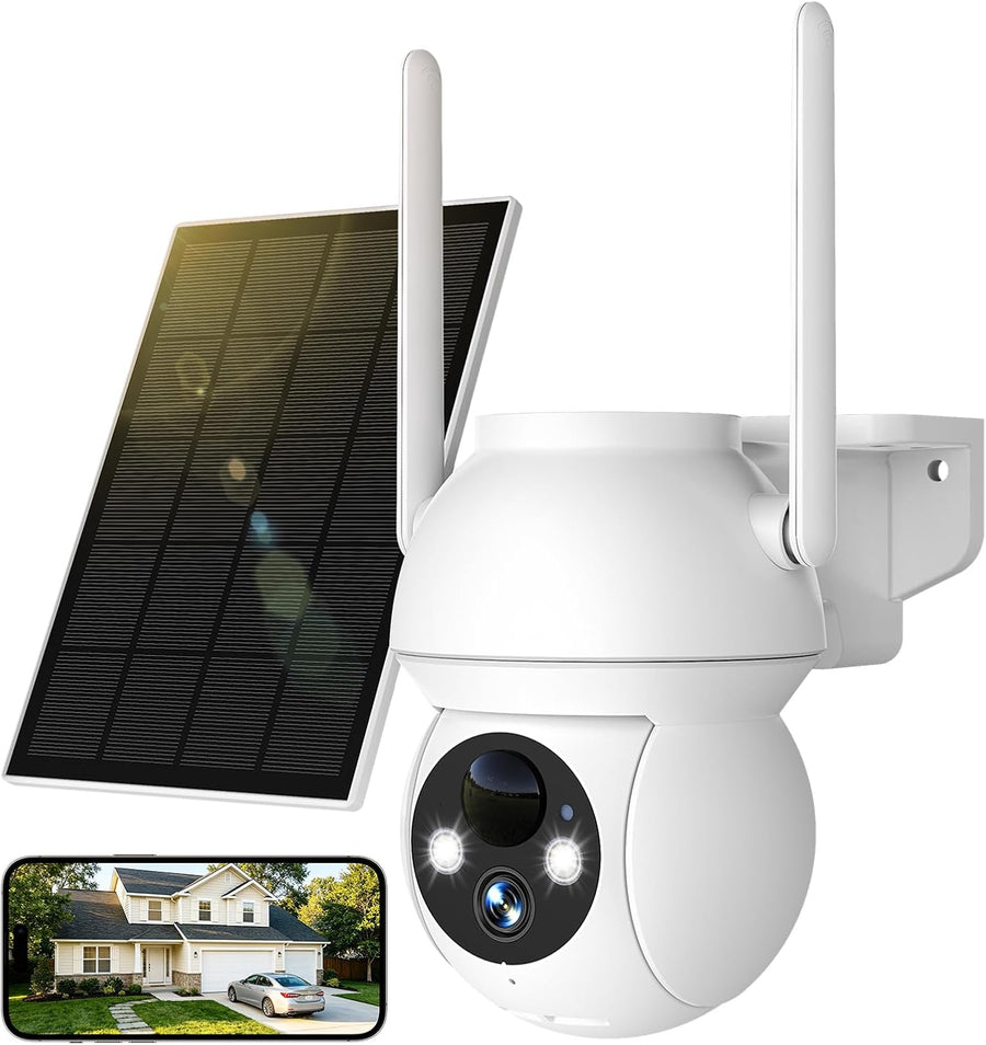 Caméras de sécurité solaires d'extérieur sans fil, caméra PTZ WiFi à 360° avec panneau solaire, vision nocturne couleur HD 1080p, détection humaine AI, audio bidirectionnel, étanchéité IP66