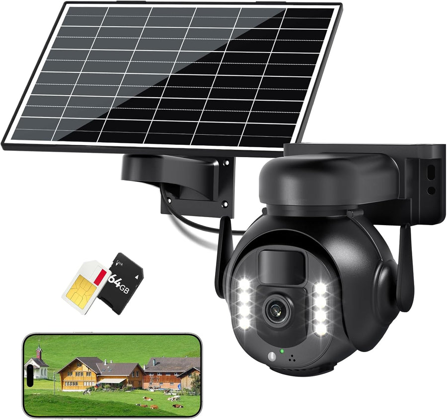 Caméra de Surveillance 4K - PTZ 360° Extérieure Étanche avec Zoom 5X, Caméra Solaire 4G/5G LTE pour Sécurité Domestique, Inclus Carte SIM 300Mo et Carte SD 64Go (8MP)