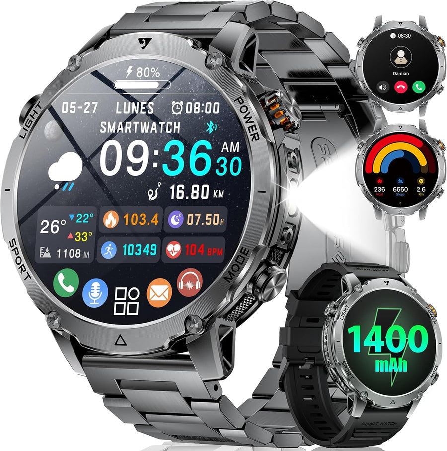 Montre Connectée Homme, Batterie 1400mAh, Écran HD 1,7 Pouce, Lampe LED, 110+ Modes Sport Montre Militaire Homme, Suivi Sommeil, IP68 Étanche, Smartwatch pour Android iOS, 2 Bracelets, Noir Gris
