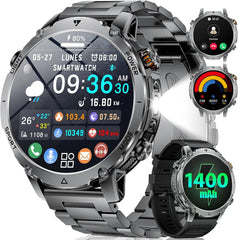 Montre Connectée Homme, Batterie 1400mAh, Écran HD 1,7 Pouce, Lampe LED, 110+ Modes Sport Montre Militaire Homme, Suivi Sommeil, IP68 Étanche, Smartwatch pour Android iOS, 2 Bracelets, Noir Gris
