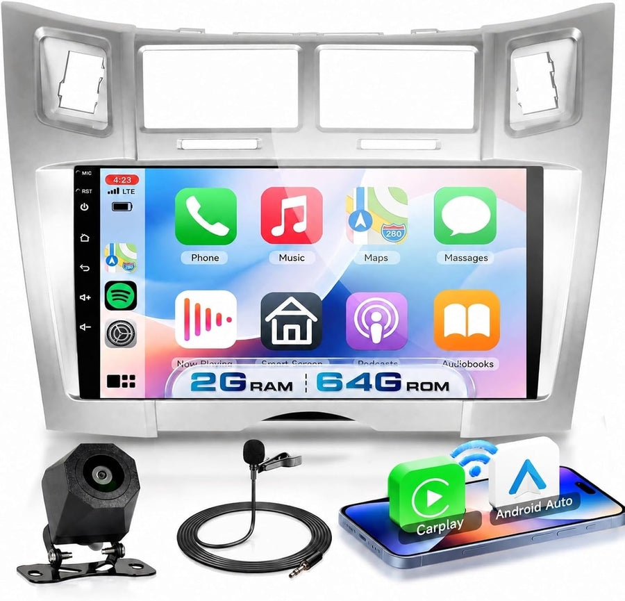 Autoradio 2G+64G Android 15 pour Toyota Yaris/Vizi 2005-2011, 9'' IPS HD 1280*720P Écran Tactile Stereo Auto avec 5G WiFi Carplay Android Auto sans Fil Bluetooth 5.0 EQ FM RDS Radio USB Caméra