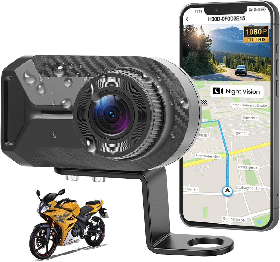 Mini Dashcam pour Moto, 1080P Caméra IP66 Avant étanche sans écran, Grand Angle 110°, Vision Nocturne, Application WiFi, Enregistrement en Boucle