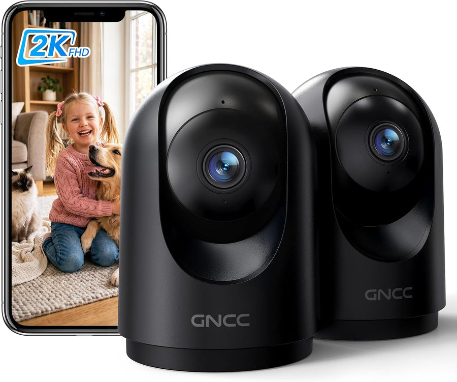 Lot de x2 Caméra Surveillance WiFi Intérieure 2K 3MP Bébé/Animaux Noir 2.4/5GHz, Vision Nocturne Infrarouge, SD/Cloud, 360° PTZ, Audio Bidirectionnel, Détection de Mouvement, Alarme