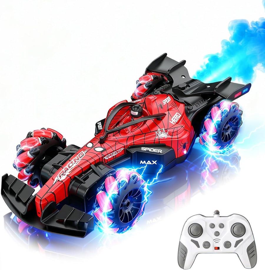Voiture Radiocommandée Enfant – Voiture RC Rechargeable 4x4 Drift, Échelle 1:18 Design F1 Motif Araignée, Rotation 360°, avec Effet de Vapeur, Sons et Lumières LED, Télécommande 2.4GHz